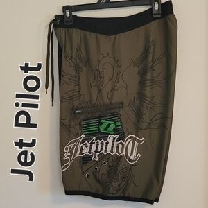 Jet Pilot Green & Black Graphic Print Drawstring Board Shorts. Sz: 32